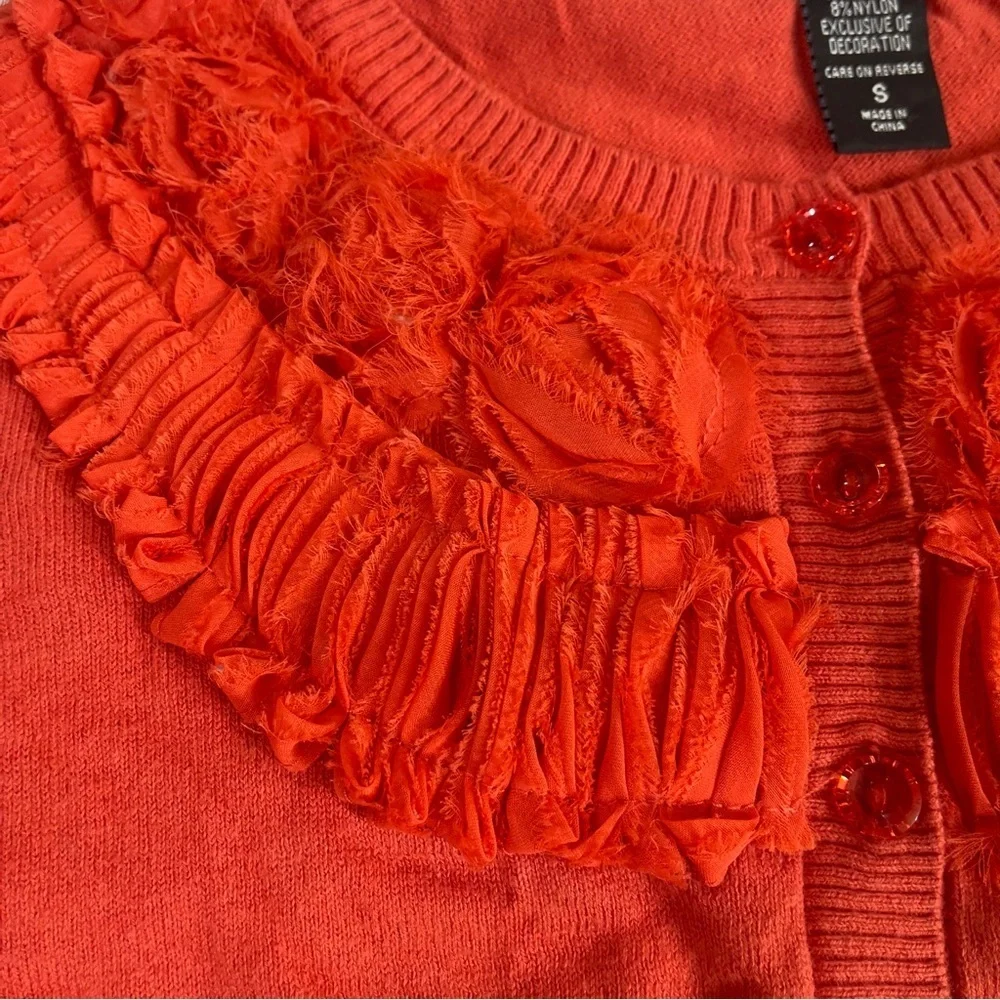 New York & Co. Orange Button Up Ruffled Floral Neckline Small